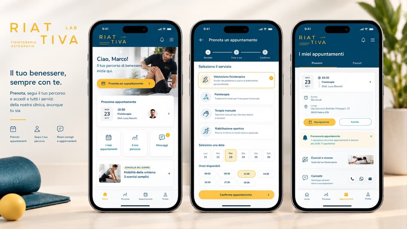 Proposta di app mobile Riattiva Lab con schermate di prenotazione e appuntamenti